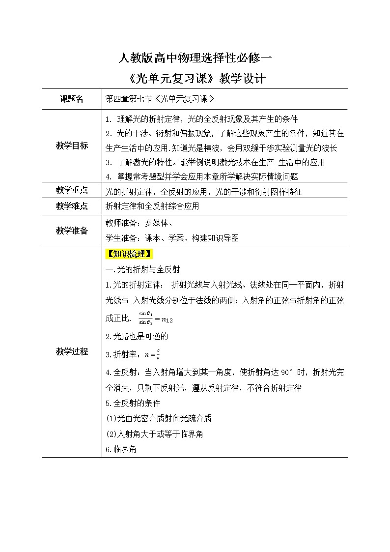 人教版（2019）高中物理选择性必修第一册 4.7《光单元复习课》课件PPT+单元测试卷+教案+练习01
