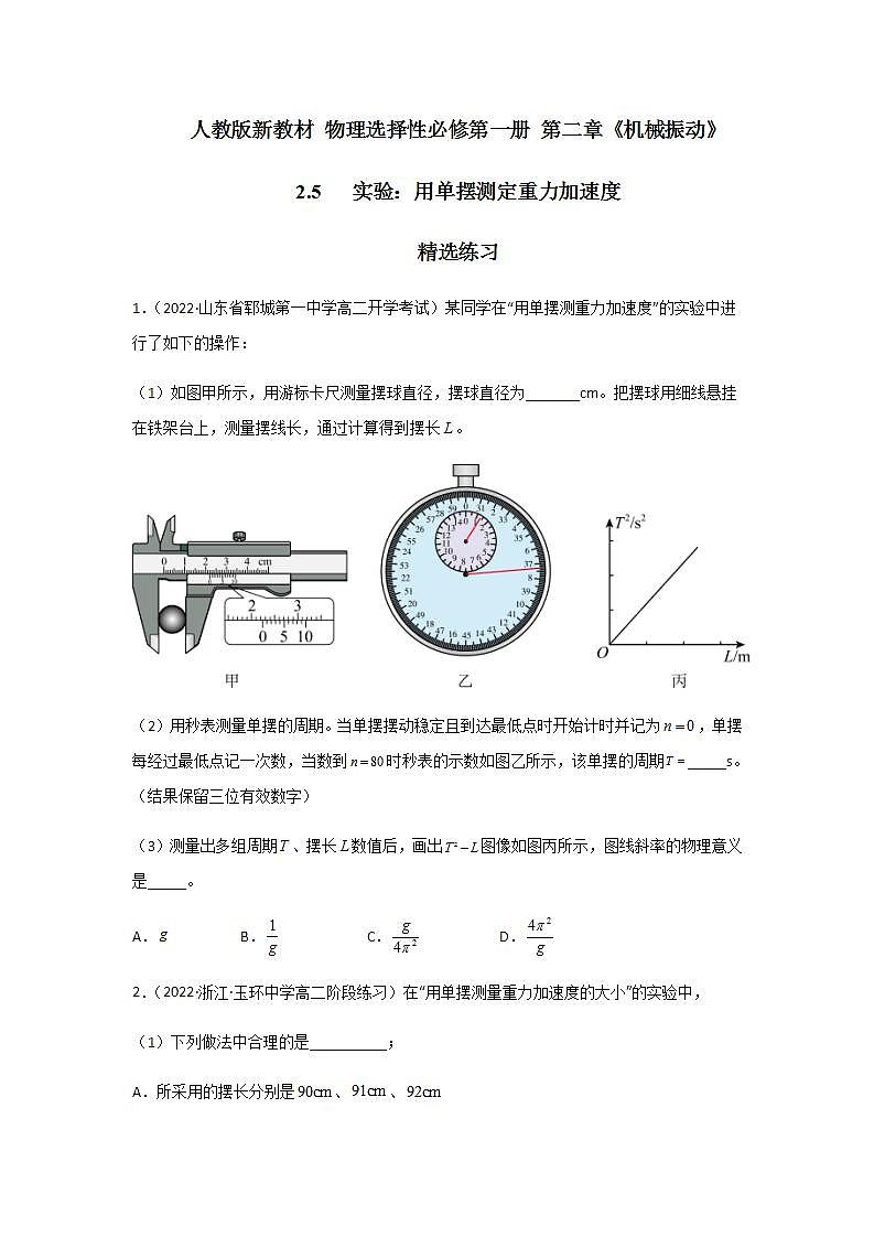 2.5 实验：用单摆测定重力加速度（精选练习）（原卷版）01