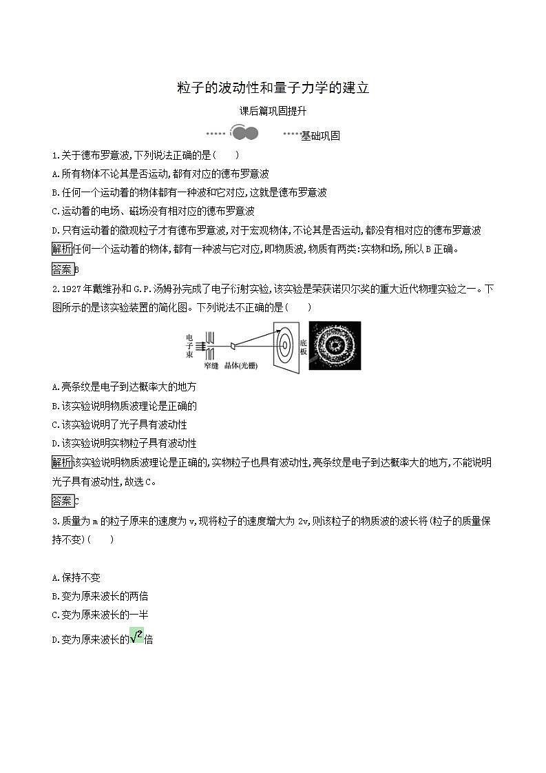 人教版高中物理选择性必修第三册第4章原子结构和波粒二象性5粒子的波动性和量子力学的建立巩固提升练含答案第1页
