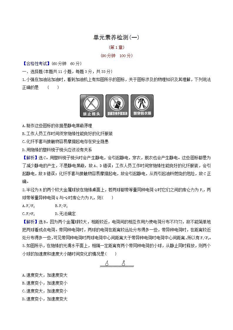 鲁科版高中物理必修第三册第1章静电力与电场强度单元检测含答案01