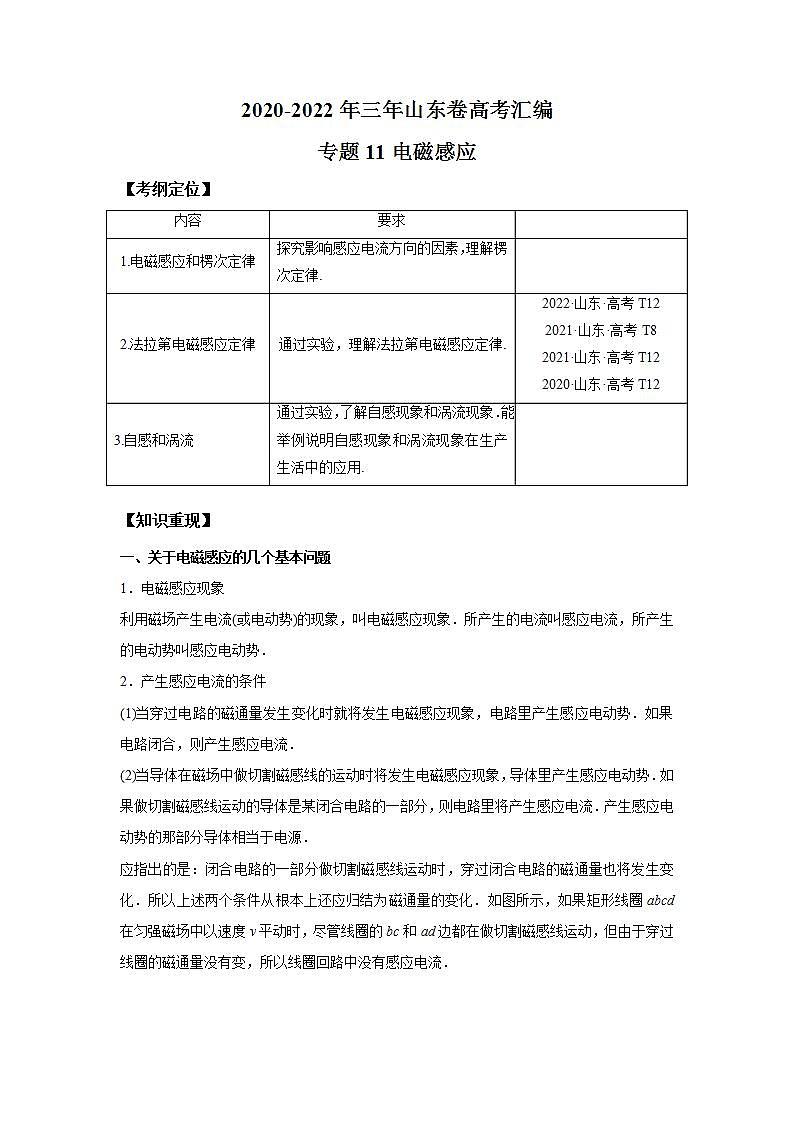 2020-2022近三年高考物理真题汇编（山东专用）专题11电磁感应+答案解析第1页