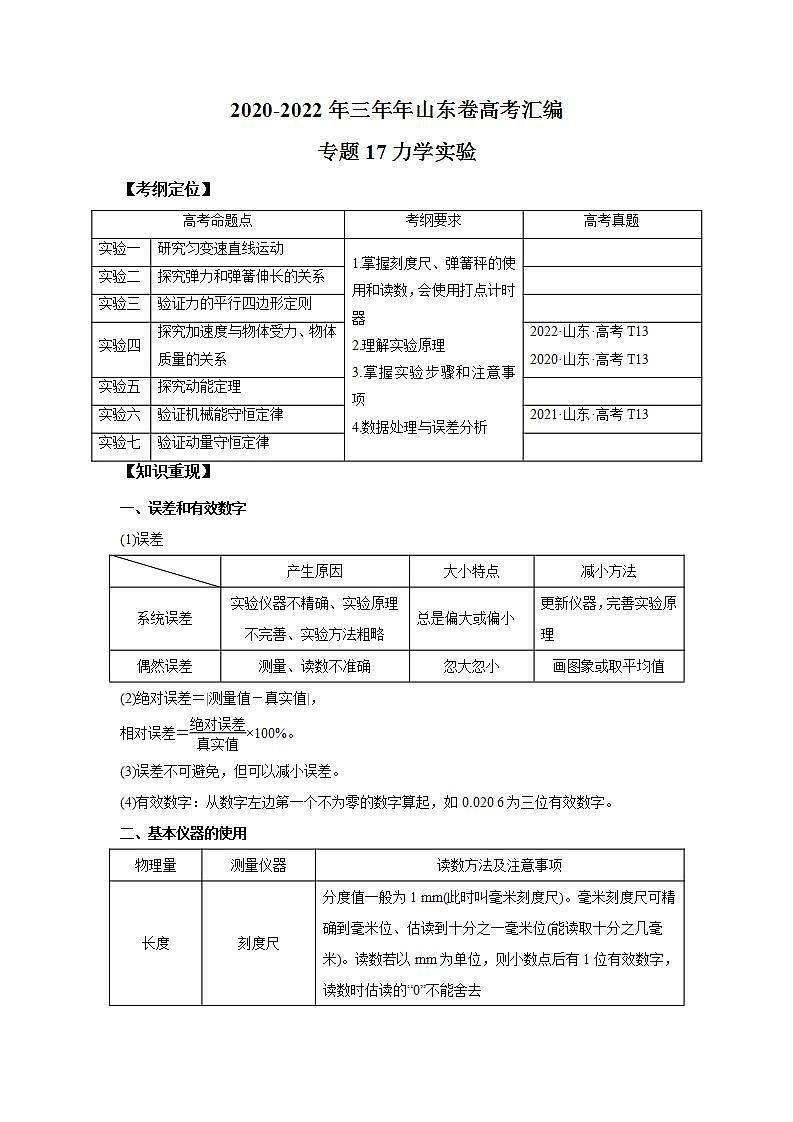 2020-2022近三年高考物理真题汇编（山东专用）专题17力学实验+答案解析第1页