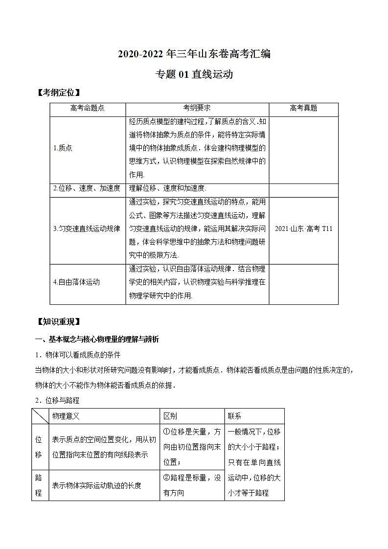 2020-2022近三年高考物理真题汇编（山东专用）专题01 直线运动+答案解析第1页