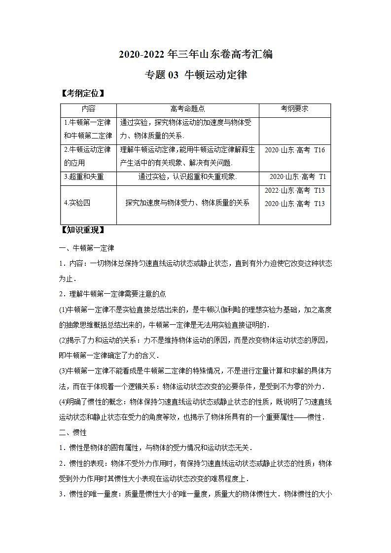2020-2022近三年高考物理真题汇编（山东专用）专题03 牛顿运动定律+答案解析01