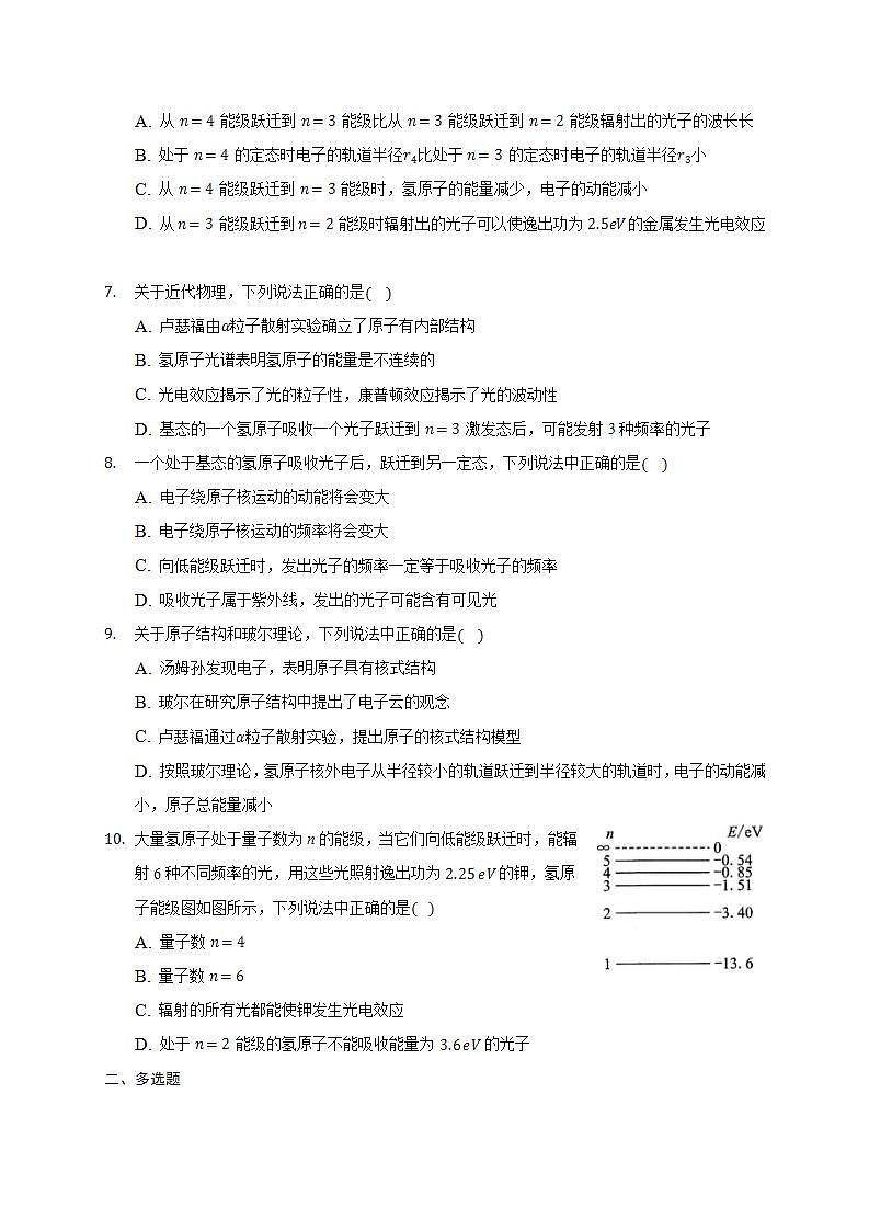 人教版高中物理选择性必修三  4.4 氢原子光谱和玻尔的原子模型 练习02