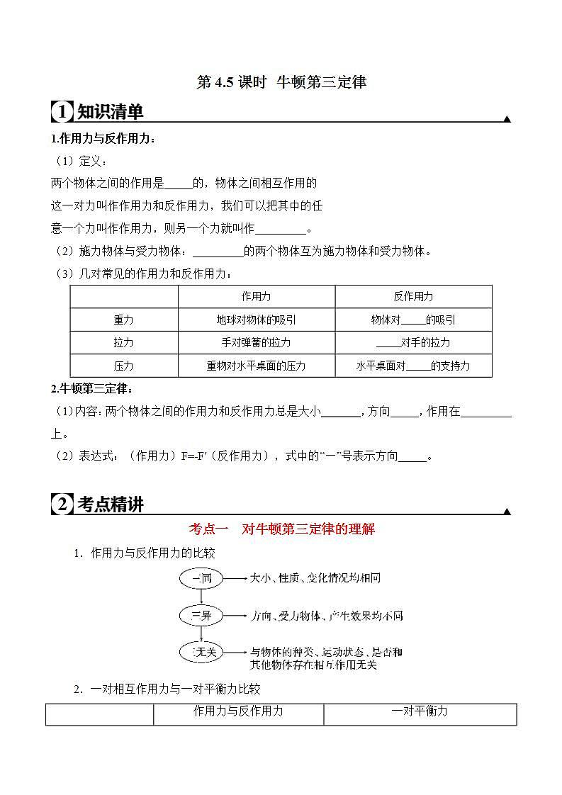 高中物理人教必修一第4.5课时 牛顿第三定律原卷版第1页