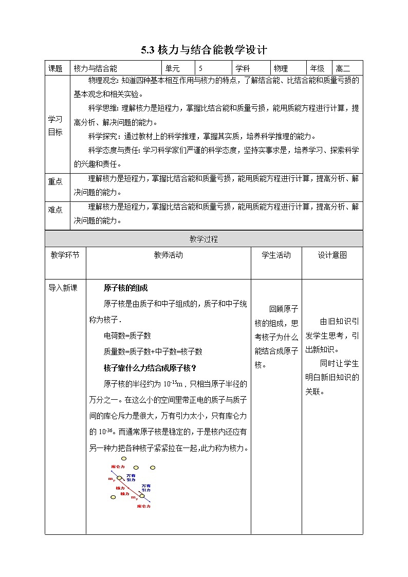 人教版高中物理选择性必修三  第5章第3节核力与结合能教学设计01