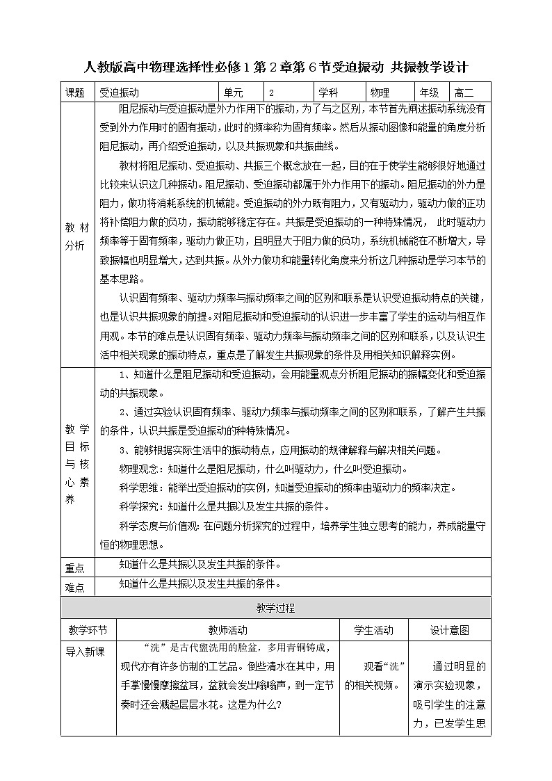 高中人教物理选择性必修一第2章第6节受迫振动 共振教学设计01
