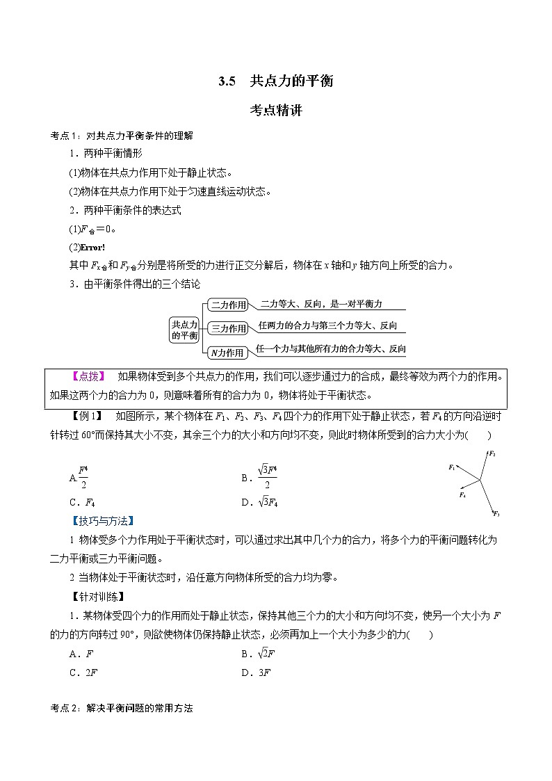 人教版高一物理必修一 3.5  共点力的平衡-2021-2022学年高一物理精讲精练（原卷版）+解析版（含答案）01