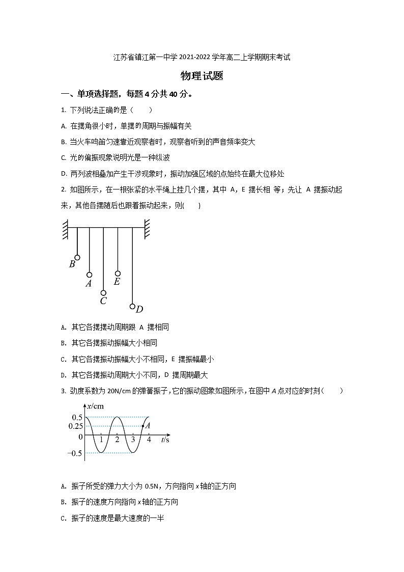 2021-2022学年江苏省镇江第一中学高二上学期期末考试物理试题（Word版）第1页