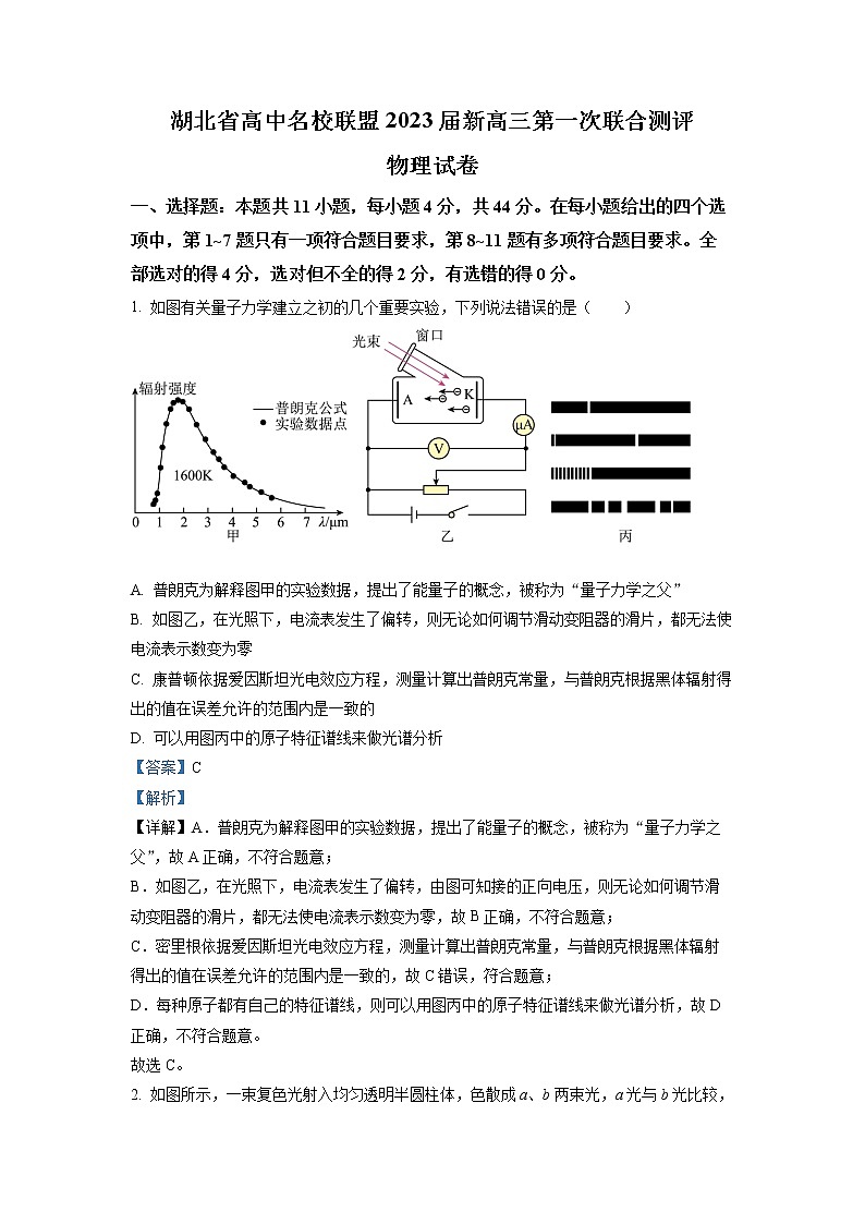 2023届湖北省高中名校联盟高三（上）第一次联合测评物理试题（解析版）第1页