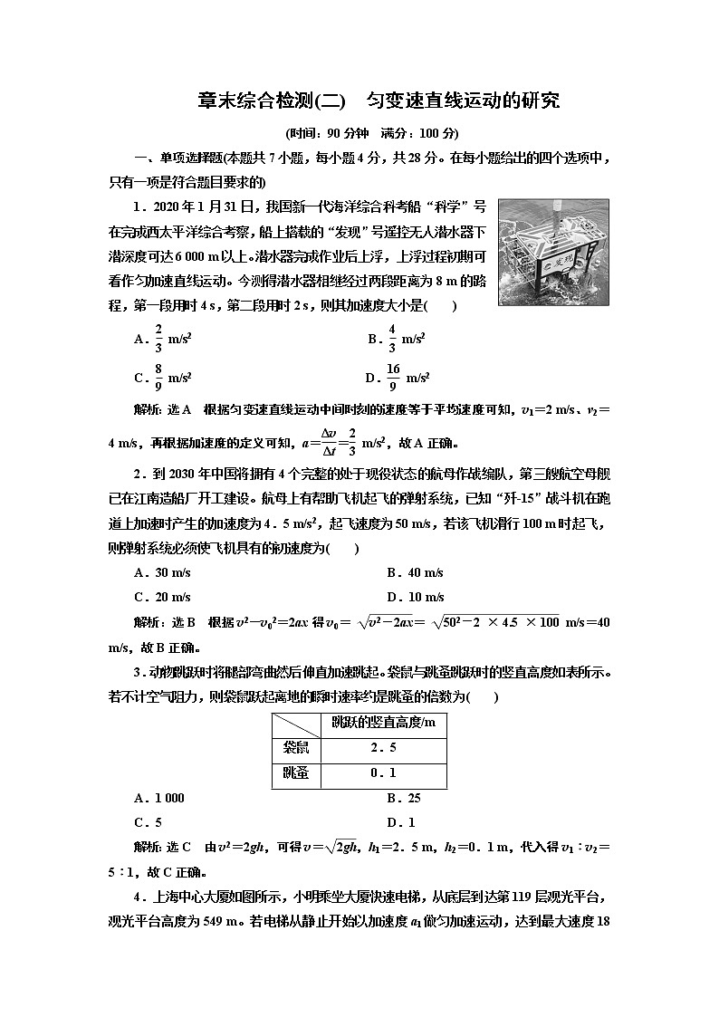 新教材2022-2023学年人教版必修第一册 第二章 匀变速直线运动的研究 章末检测第1页