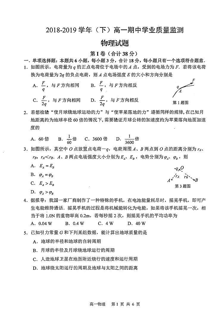 2018-2019学年江苏省南通市通州区高一下学期期中学业质量监测物理试题 PDF版第1页