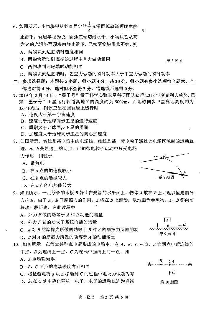 2018-2019学年江苏省南通市通州区高一下学期期中学业质量监测物理试题 PDF版第2页