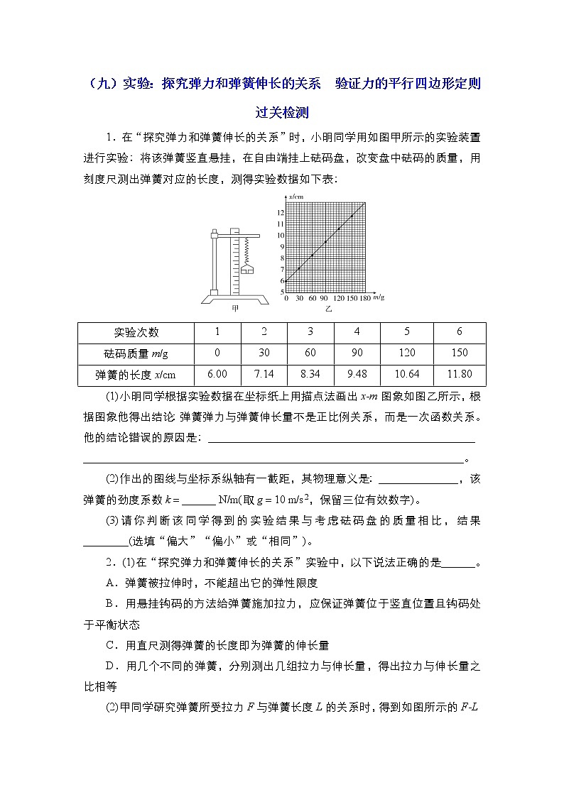 2023届高考物理一轮复习 2.5 实验：探究弹力和弹簧伸长的关系　验证力的平行四边形定则 过关检测第1页