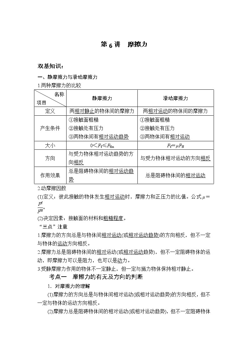 2023届高考物理一轮复习 第6讲 摩擦力 讲义（考点+经典例题）第1页