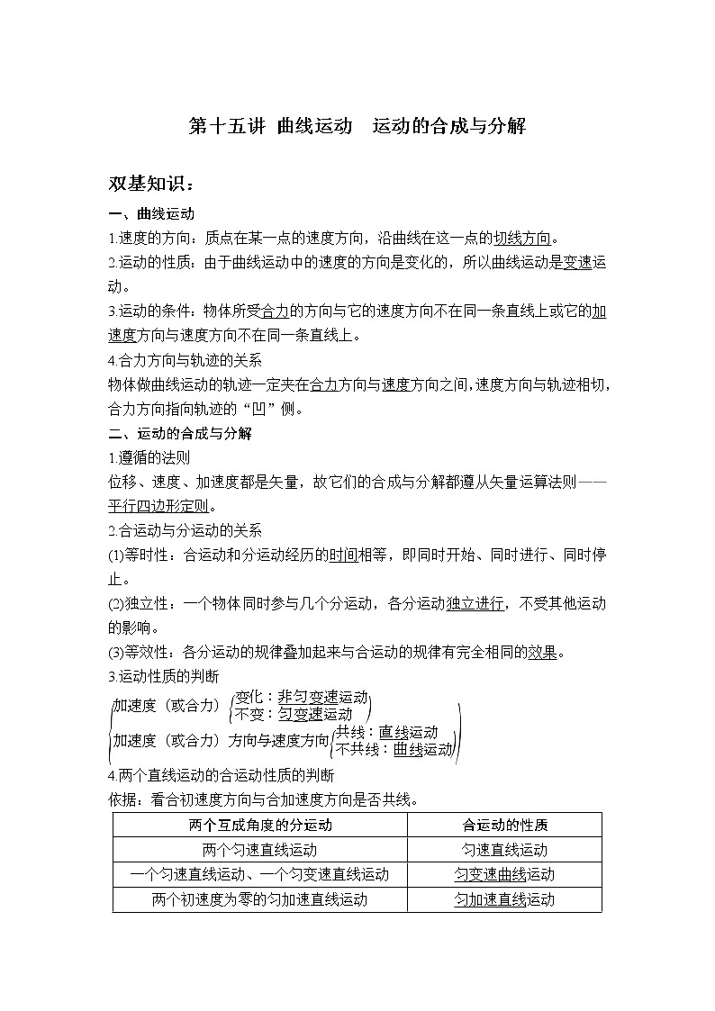 2023届高考物理一轮复习 第15讲 曲线运动运动的合成与分解 讲义（考点+经典例题）第1页