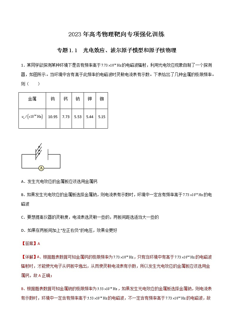 专题1.1 光电效应、波尔原子模型和原子核物理（解析版）第1页