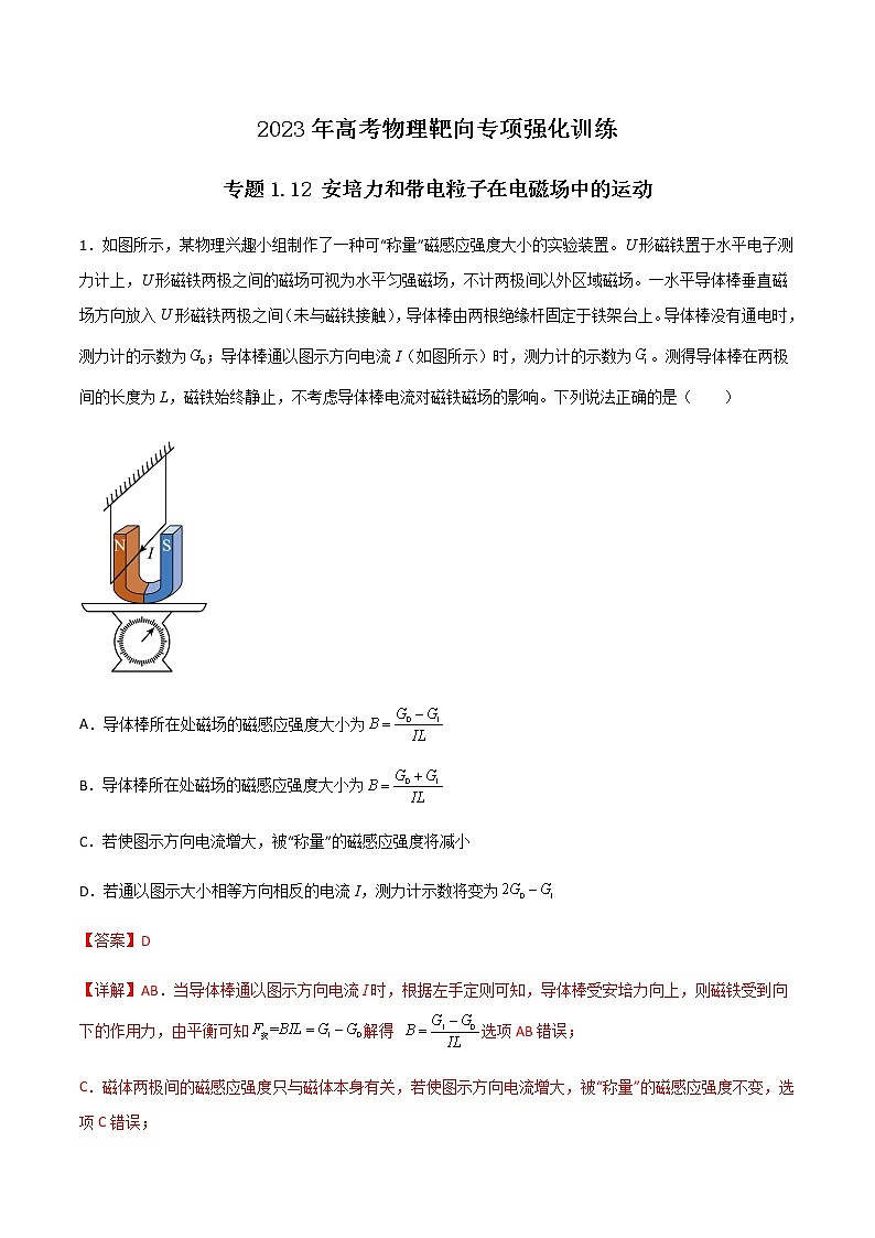 专题1.12 安培力和带电粒子在电磁场中的运动-2023年高考物理靶向专项强化训练（三大题型+冲刺模拟）01