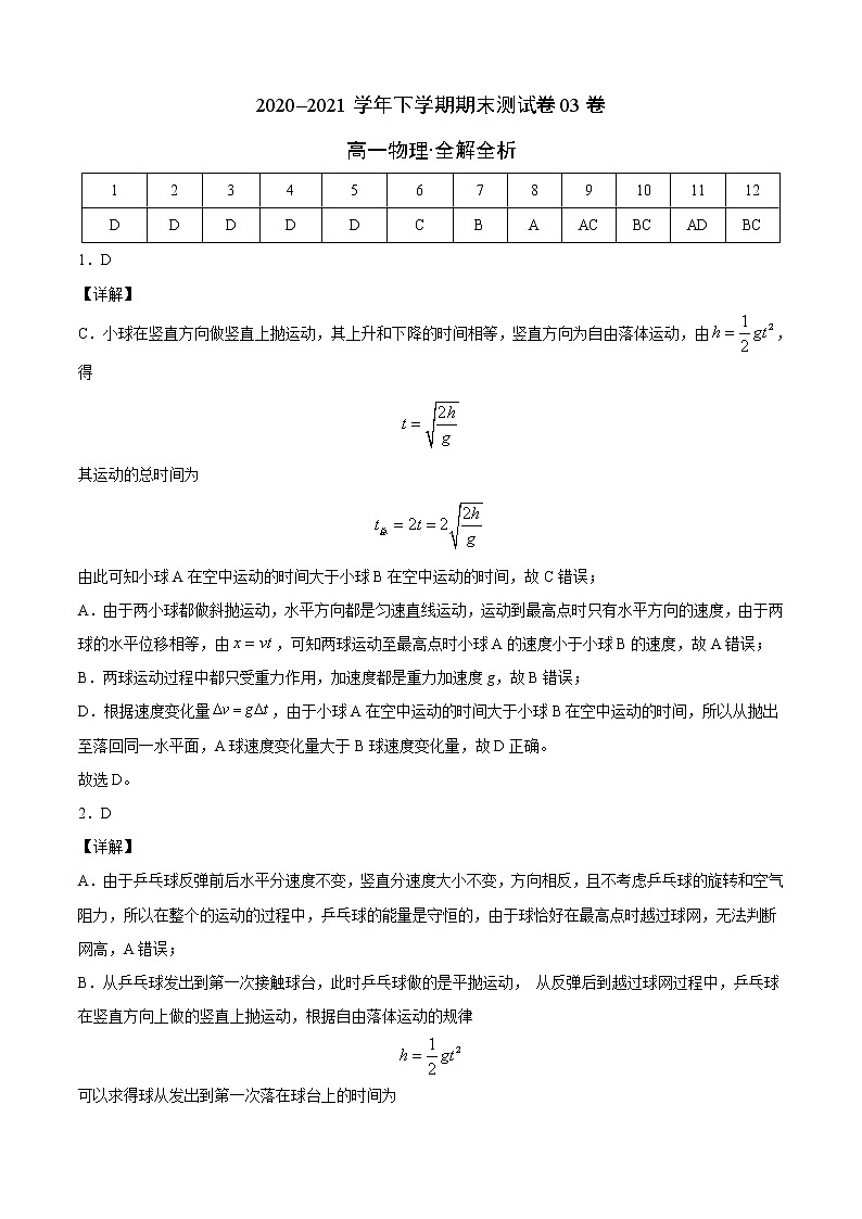 高中物理必修二高一物理下期期末测试（人教版9）3（含答案）01