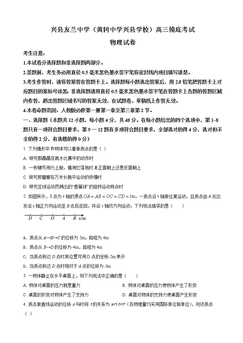 2023届山西省吕梁市兴县友兰中学（黄冈中学兴县校区）摸底考试物理试题（word版）第1页