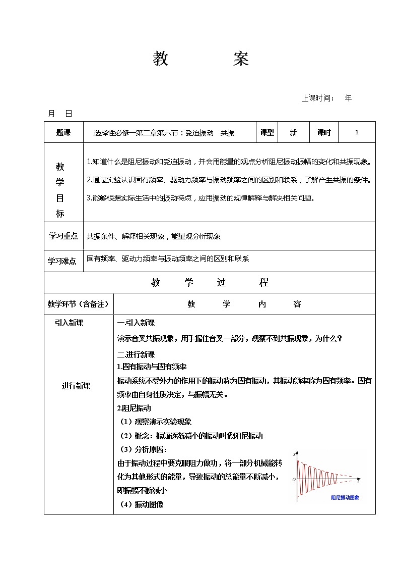 2.6 受迫振动  共振 教案—【新教材】人教版（2019）高中物理选择性必修第一册01