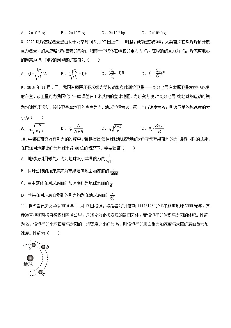 7.3万有引力理论的成就同步测试-2022-2023学年人教版（2019）高中物理必修第二册02