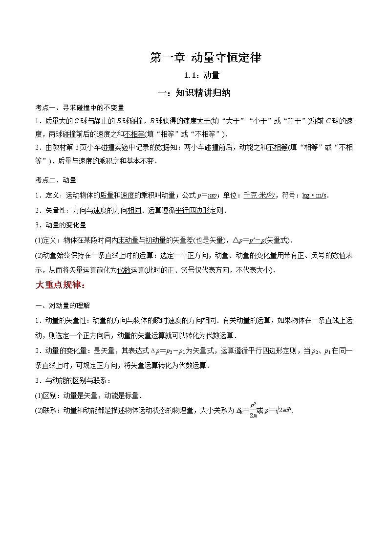 1.1 动量-2022-2023学年高二物理精讲与精练高分突破考点专题系列（人教版2019选择性必修第一册）第1页