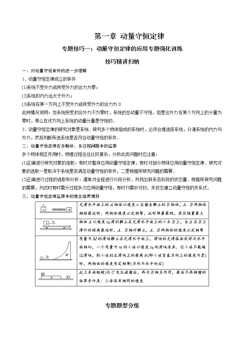 专题技巧一 动量守恒定律的各种模型应用专题-2022-2023学年高二物理精讲与精练高分突破考点专题系列（人教版2019选择性必修第一册）第1页