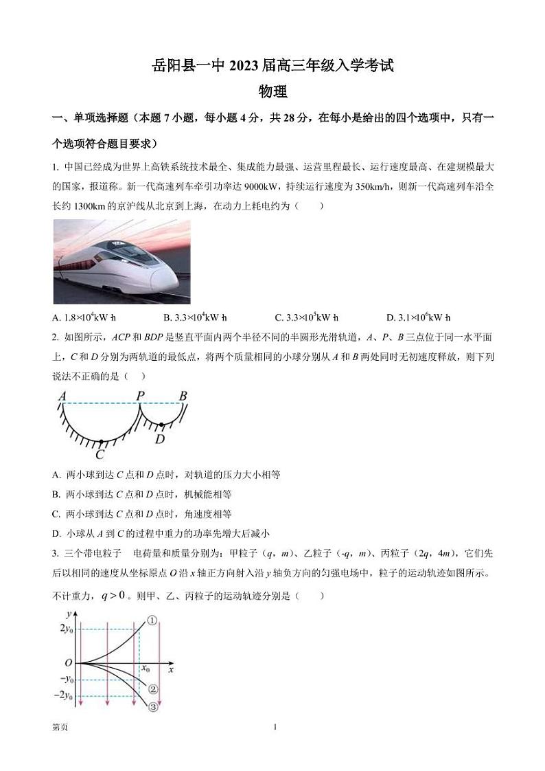 2023届湖南省岳阳县第一中学高三（上）入学考试物理试题（PDF版）第1页