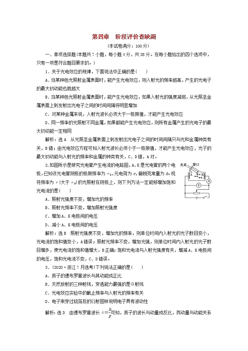 2022_2023学年新教材高中物理粤教版选择性必修第三册第四章波粒二象性阶段评价试题01
