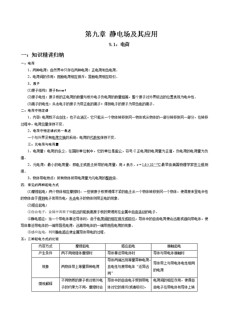 9.1 电荷-2023学年高二物理精讲与精练高分突破考点专题系列（人教版2019必修第三册）01