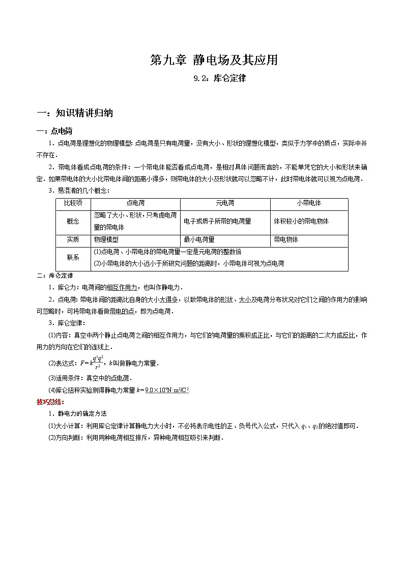 9.2 库仑定律-2023学年高二物理精讲与精练高分突破考点专题系列（人教版2019必修第三册）01