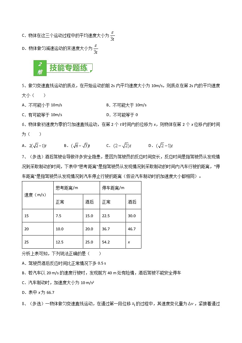专题02  匀变速运动规律——2023年高考物理一轮复习小题多维练（广东专用）02
