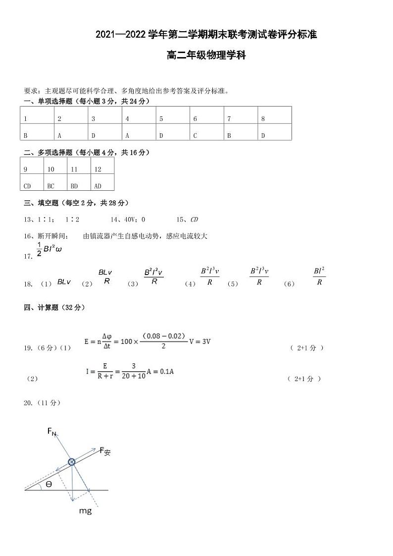2022西宁七校高二下学期期末联考物理试题含答案01