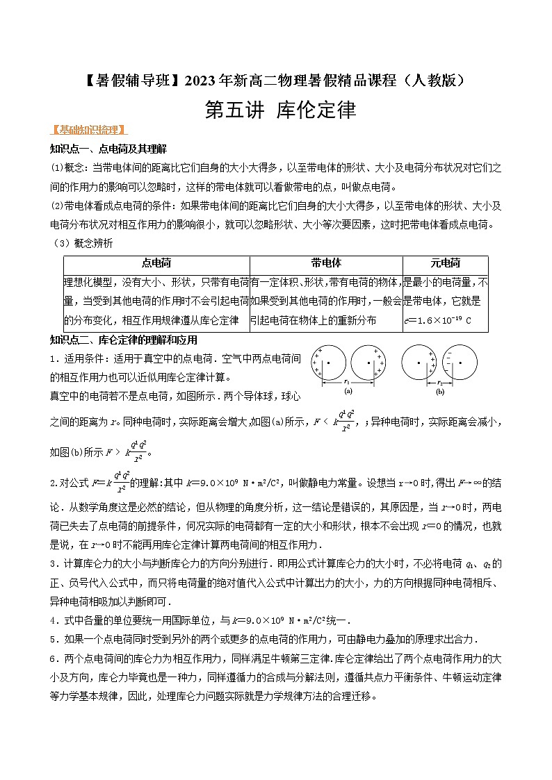 第五讲 库伦定律-【暑假辅导班】2023年新高二物理暑假精品课程（人教版）（解析版）第1页