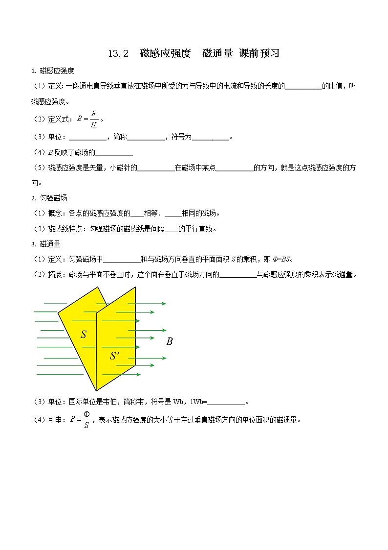 13.2 磁感应强度 磁通量（课前预习）-高中物理人教版（2019）必修第三册高二上学期课前课中课后同步试题第1页