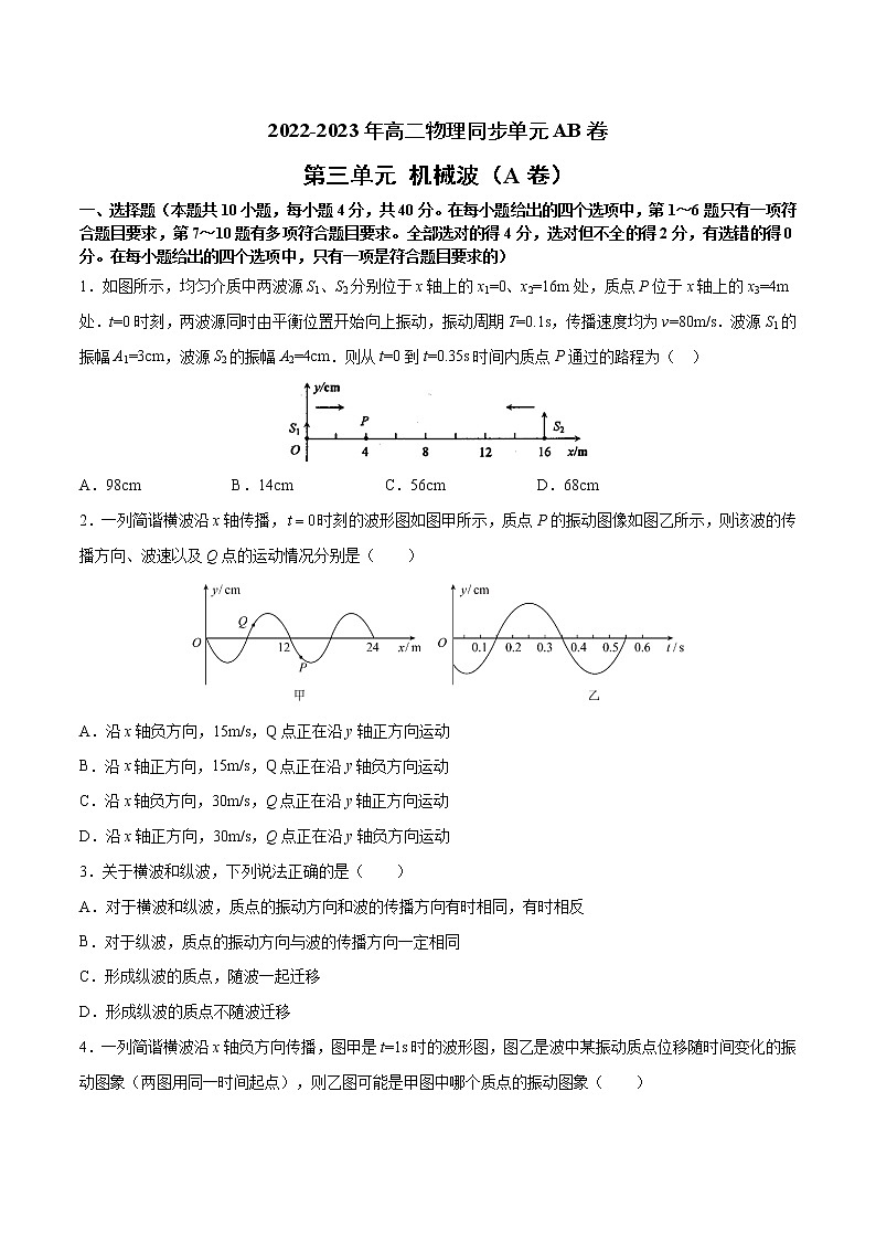 第三单元+机械波+（A卷·夯实基础）-2022-2023学年高二物理同步单元AB卷（人教版2019选择性必修第一册）01