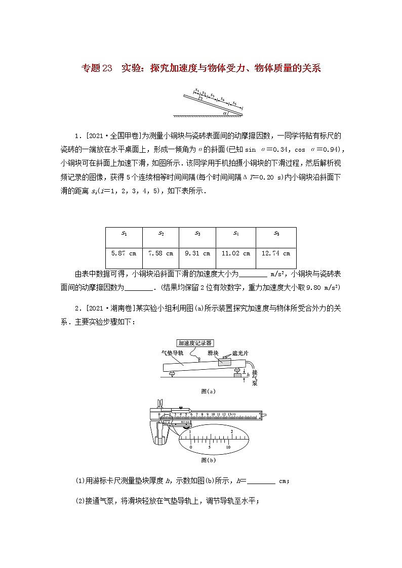 高考物理微专题小练习专题23实验：探究加速度与物体受力物体质量的关系含答案01