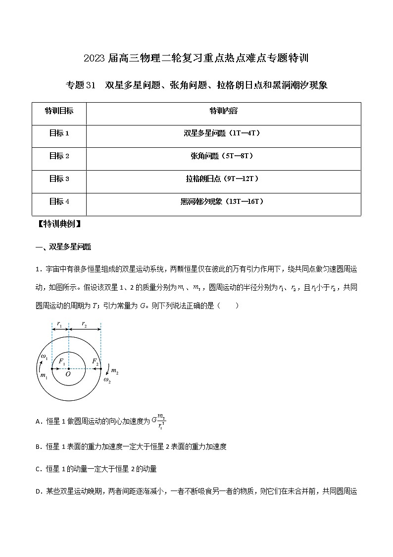 专题31 双星多星问题、张角问题、拉格朗日点和黑洞潮汐现象-2023届高三物理二轮复习重点热点难点专题特训01