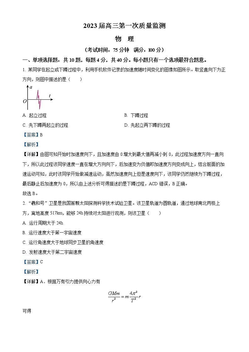 江苏省南通市2022-2023学年高三上学期第一次质量监测物理试题及答案01