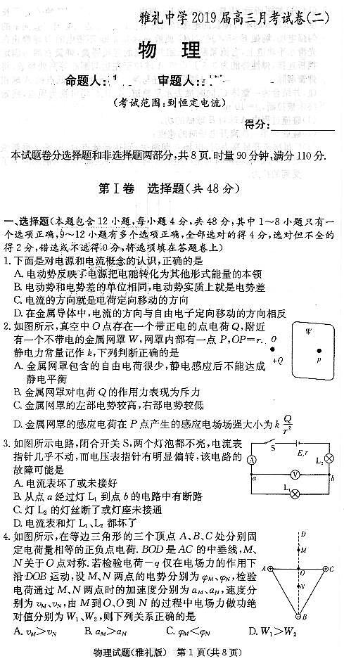 2019届湖南省长沙市雅礼中学高三上学期月考二物理试题 PDF版01