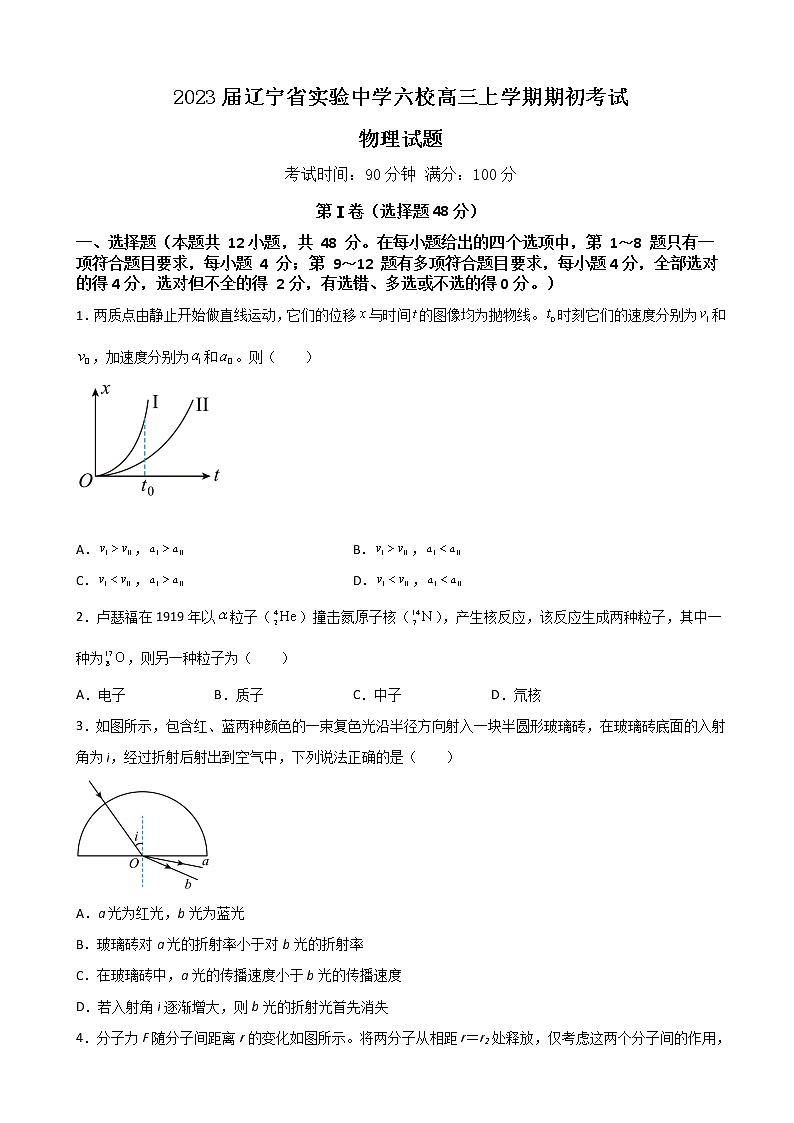 2023届辽宁省实验中学六校高三上学期期初考试 物理（word版）第1页