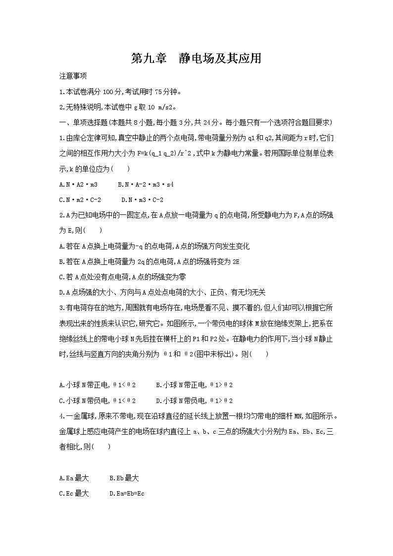 第九章 静电场及其应用测评卷  习题及解析（可编辑Word）01