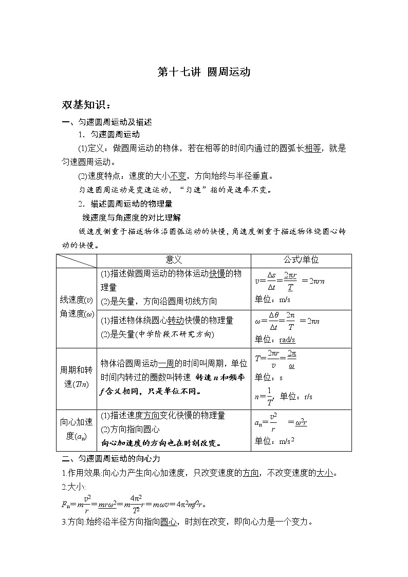 2023届高考物理一轮复习 第17讲 圆周运动 讲义（考点+经典例题）第1页