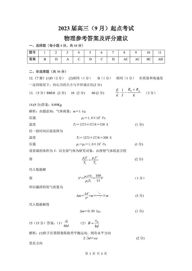 物理参考答案及评分细则第1页