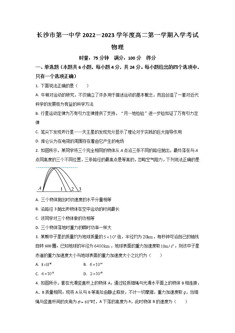2022-2023学年湖南省长沙市第一中学高二上学期入学考试物理试题（Word版）01