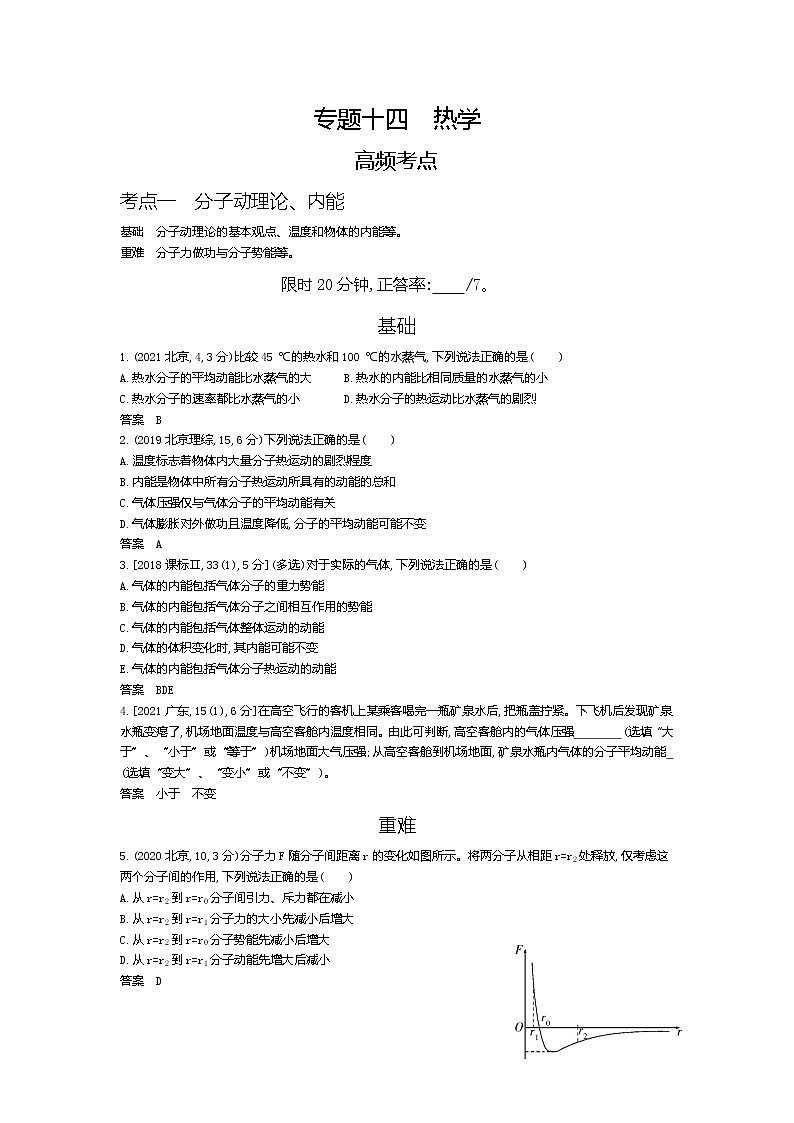 高考_专题十四 热学（试题word版）第1页