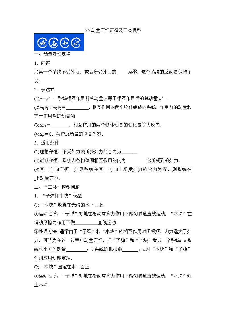 6.2动量守恒定律及三类模型-2023年高考物理一轮复习提升核心素养 试卷01