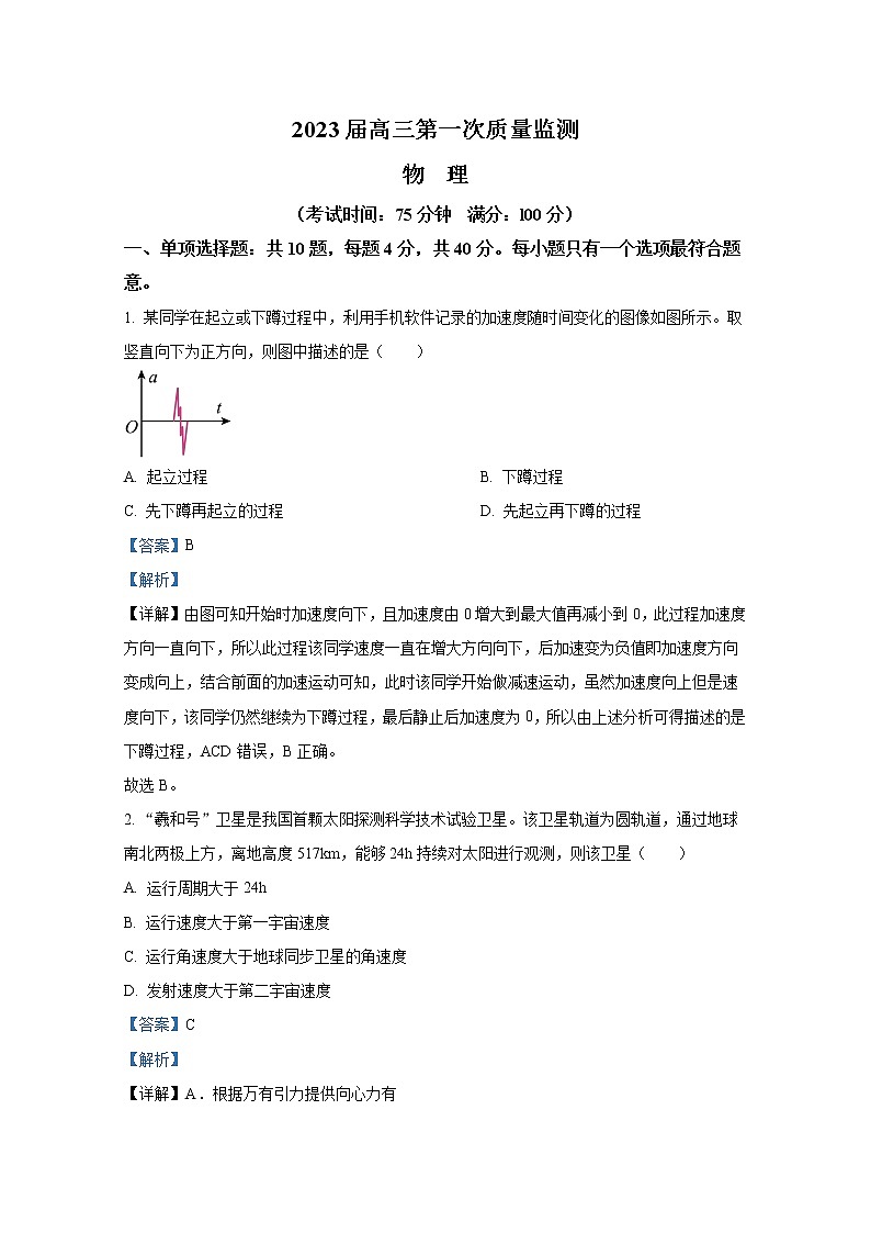 江苏省南通市2023届高三上学期第一次质量监测物理试题（Word版附解析）第1页